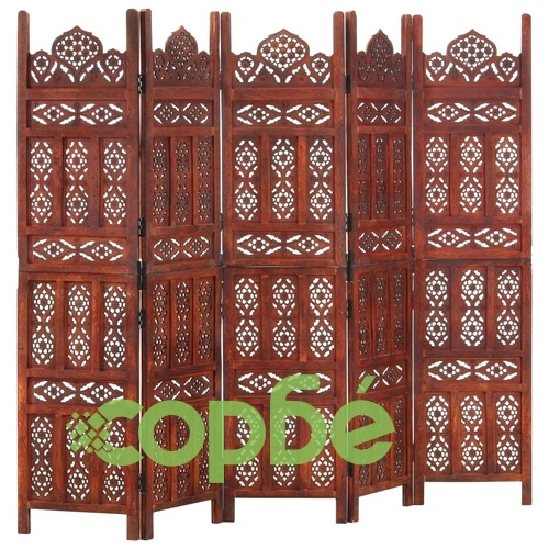 Ръчно резбован параван 5 панела кафяв 200x165 cм манго масив ➤ топ цена ➤ sorbe.bg