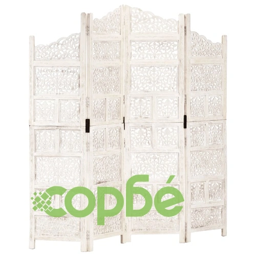 Ръчно резбован параван, 4 панела, бял, 160x165 cм, манго масив ➤ топ цена ➤ sorbe.bg