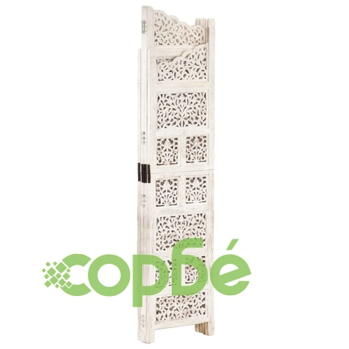 Ръчно резбован параван, 4 панела, бял, 160x165 cм, манго масив ➤ топ цена ➤ sorbe.bg