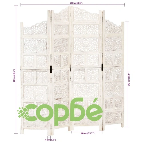 Ръчно резбован параван, 4 панела, бял, 160x165 cм, манго масив ➤ топ цена ➤ sorbe.bg