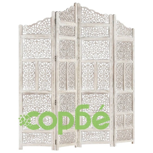 Ръчно резбован параван, 4 панела, бял, 160x165 cм, манго масив ➤ топ цена ➤ sorbe.bg