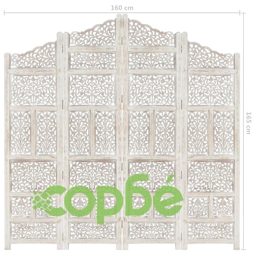Ръчно резбован параван, 4 панела, бял, 160x165 cм, манго масив ➤ топ цена ➤ sorbe.bg