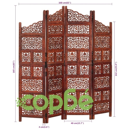 Ръчно резбован параван 4 панела кафяв 160x165 cм манго масив ➤ топ цена ➤ sorbe.bg