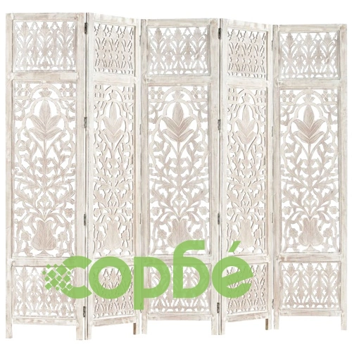 Ръчно резбован параван, 5 панела, бял, 200x165 cм, манго масив ➤ топ цена ➤ sorbe.bg