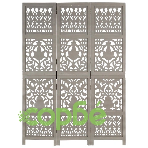 Ръчно резбован параван, 3 панела, сив, 120x165 cм, манго масив ➤ топ цена ➤ sorbe.bg