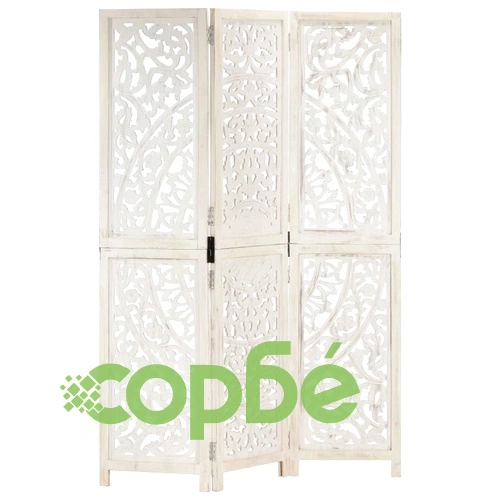 Ръчно резбован параван, 3 панела, бял, 120x165 cм, манго масив ➤ топ цена ➤ sorbe.bg