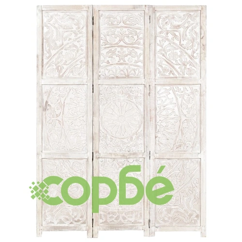 Ръчно резбован параван, 3 панела, бял, 120x165 cм, манго масив ➤ топ цена ➤ sorbe.bg