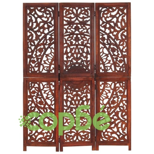 Ръчно резбован параван 3 панела кафяв 120x165 cм манго масив ➤ топ цена ➤ sorbe.bg