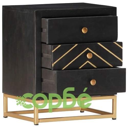 Нощно шкафче, черно и златисто, 40х30х50 см, манго масив ➤ топ цена ➤ sorbe.bg