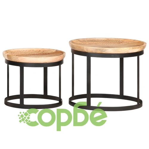 Странични кръгли маси, 2 бр, мангово дърво масив и стомана ➤ топ цена ➤ sorbe.bg