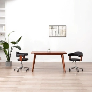 Въртящ се трапезен стол, черен, извито дърво, изкуствена кожа