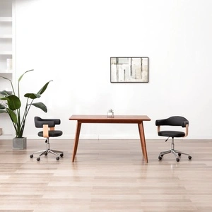 Въртящ се трапезен стол, черен, извито дърво, изкуствена кожа