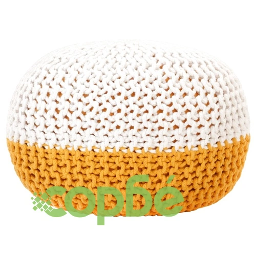 Ръчно плетен пуф, горчица и бяло, 50x35 см, памук ➤ топ цена ➤ sorbe.bg