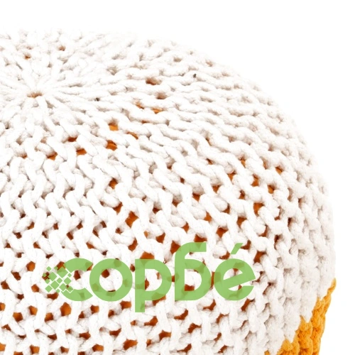 Ръчно плетен пуф, горчица и бяло, 50x35 см, памук ➤ топ цена ➤ sorbe.bg