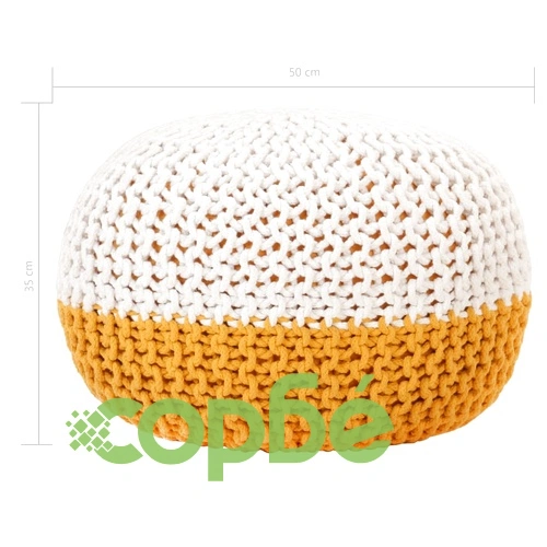 Ръчно плетен пуф, горчица и бяло, 50x35 см, памук ➤ топ цена ➤ sorbe.bg