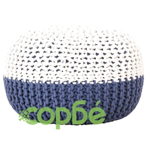 Ръчно плетен пуф, синьо и бяло, 50x35 см, памук ➤ топ цена ➤ sorbe.bg