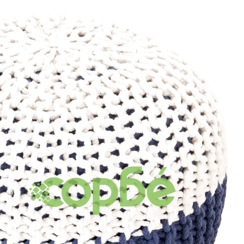 Ръчно плетен пуф, синьо и бяло, 50x35 см, памук ➤ топ цена ➤ sorbe.bg