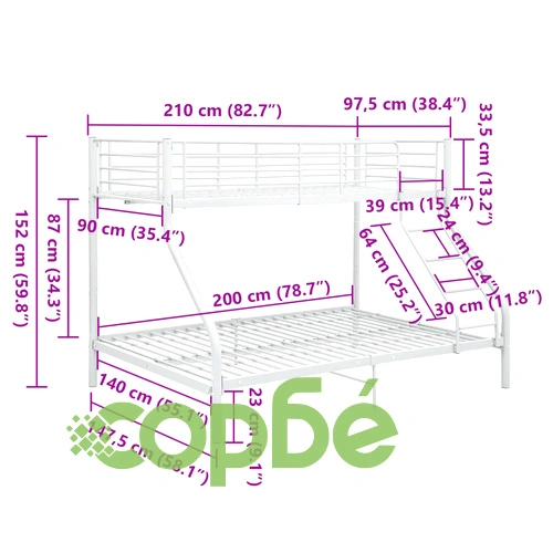 Рамка за двуетажно легло, бяла, метал, 140x200 см/90x200 см ➤ топ цена ➤ sorbe.bg