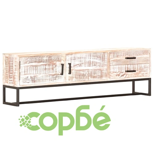 ТВ шкаф, бял, 140x30x45 см, акациево дърво масив ➤ топ цена ➤ sorbe.bg