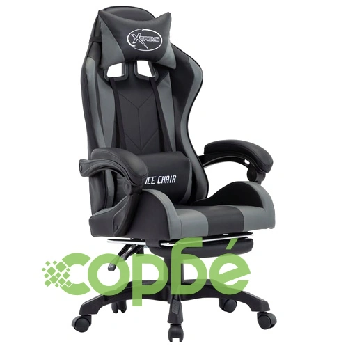 Геймърски стол с подложка за крака сиво/черно изкуствена кожа ➤ топ цена ➤ sorbe.bg