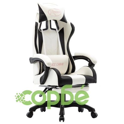 Геймърски стол с подложка за крака черно/бяло изкуствена кожа ➤ топ цена ➤ sorbe.bg