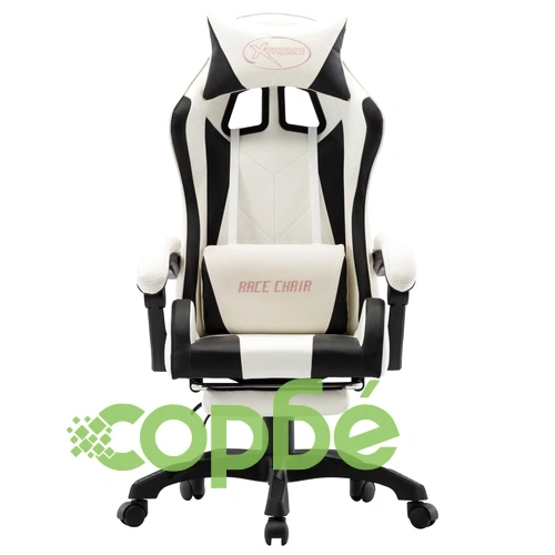 Геймърски стол с подложка за крака черно/бяло изкуствена кожа ➤ топ цена ➤ sorbe.bg