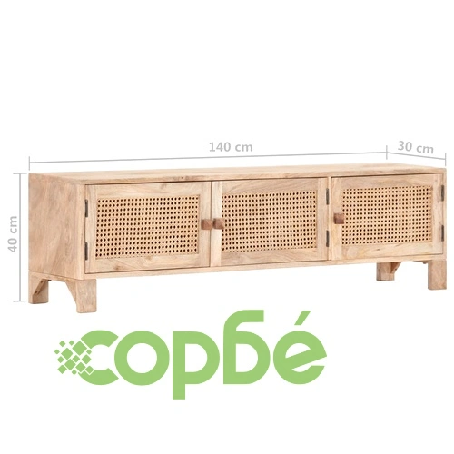 ТВ шкаф 140x30x40 см мангово дърво масив и естествена тръстика ➤ топ цена ➤ sorbe.bg