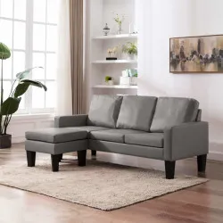 3-местен диван с поставка за крака, сив, изкуствена кожа