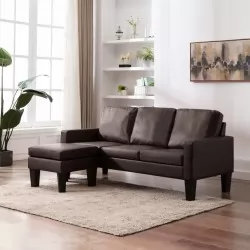 3-местен диван с поставка за крака, кафяв, изкуствена кожа