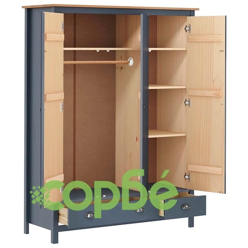 Гардероб с 3 врати Hill сив 127x50x170 см борово дърво масив ➤ топ цена ➤ sorbe.bg