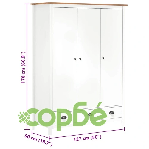 Гардероб с 3 врати Hill бял 127x50x170 см борово дърво масив ➤ топ цена ➤ sorbe.bg