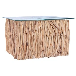 Маса за кафе със стъклен плот, 66x66x40 см, тиково дърво масив