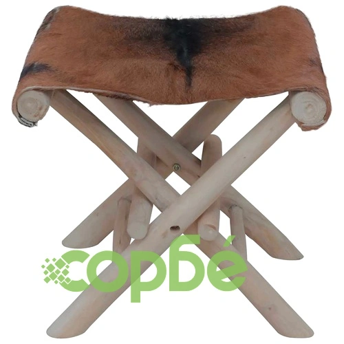 Сгъваема табуретка, козя кожа и тиково дърво масив ➤ топ цена ➤ sorbe.bg