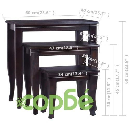 Странични маси, 3 бр, светлочерно кафе, махагоново дърво масив ➤ топ цена ➤ sorbe.bg