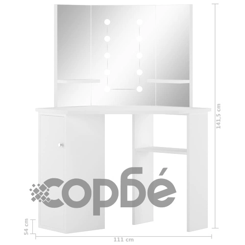 Ъглова тоалетка с LED осветление, бяла  ➤ топ цена ➤ sorbe.bg