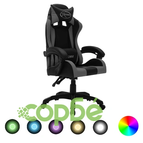 Геймърски стол RGB LED осветление сиво/черно изкуствена кожа ➤ топ цена ➤ sorbe.bg