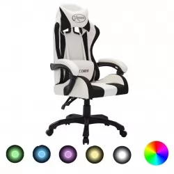 Геймърски стол RGB LED осветление бяло/черно изкуствена кожа