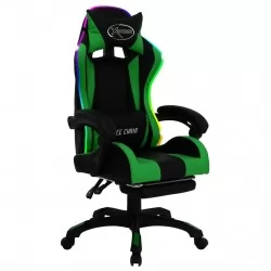 Геймърски стол RGB LED осветление зелено/черно изкуствена кожа