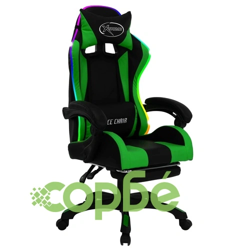 Геймърски стол RGB LED осветление зелено/черно изкуствена кожа ➤ топ цена ➤ sorbe.bg
