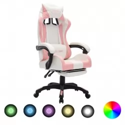 Геймърски стол RGB LED осветление розово/бяло изкуствена кожа
