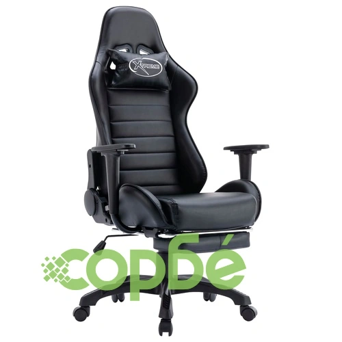 Геймърски стол с подложка за крака, черен, изкуствена кожа ➤ топ цена ➤ sorbe.bg