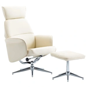 Реклайнер с табуретка, кремавобял, изкуствена кожа