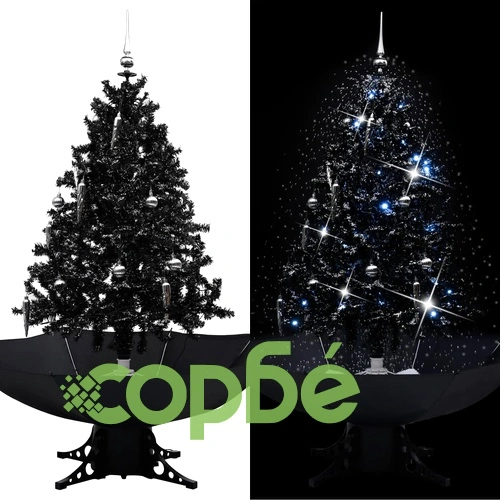 Коледна елха с валящ сняг и основа от чадър, черна, 140 см, PVC ➤ топ цена ➤ sorbe.bg