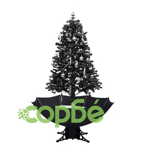 Коледна елха с валящ сняг и основа от чадър, черна, 170 см, PVC ➤ топ цена ➤ sorbe.bg