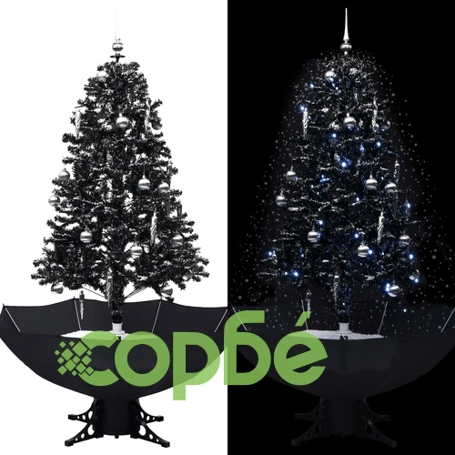 Коледна елха с валящ сняг и основа от чадър, черна, 170 см, PVC ➤ топ цена ➤ sorbe.bg
