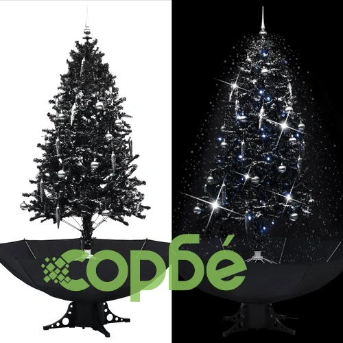 Коледна елха с валящ сняг и основа от чадър, черна, 190 см, PVC ➤ топ цена ➤ sorbe.bg