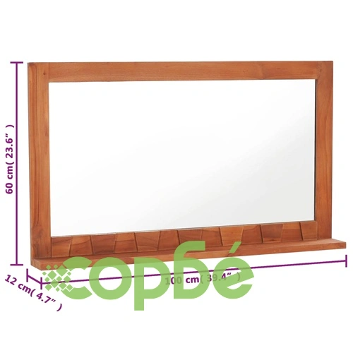 Стенно огледало с рафт, 100x12x60 см, тиково дърво масив ➤ топ цена ➤ sorbe.bg