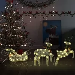 Коледна украса елен и шейна, 60 LED, за открито, златисто 