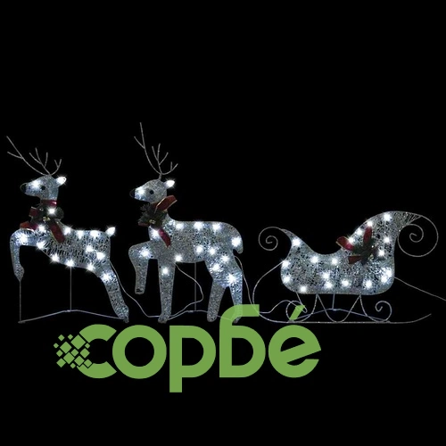 Коледна украса елен и шейна, 60 LED, за открито, сребристо ➤ топ цена ➤ sorbe.bg