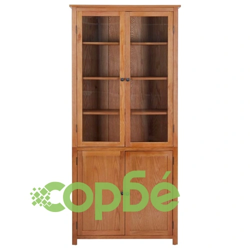 Библиотека с 4 врати, 90x35x200 см, дъбово дърво масив и стъкло ➤ топ цена ➤ sorbe.bg